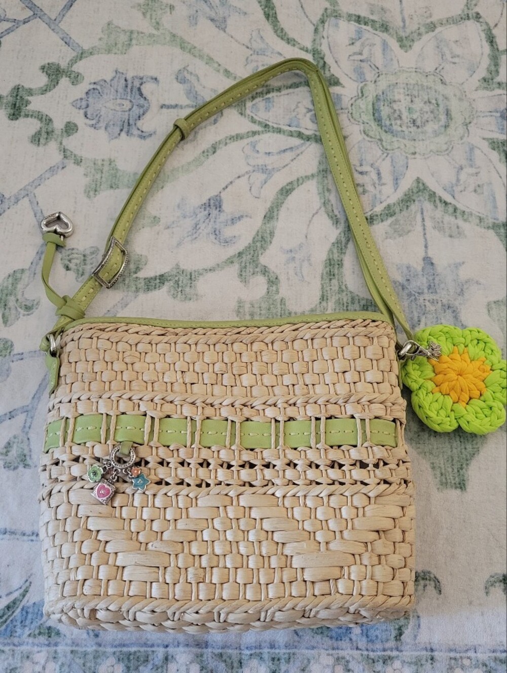 Straw Crossbody Bag with Lime Green Trim by